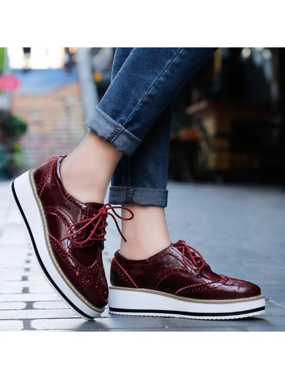 Women's Rose Round Toe Lace Up Leather Oxford Shoes Wingtip White Platform